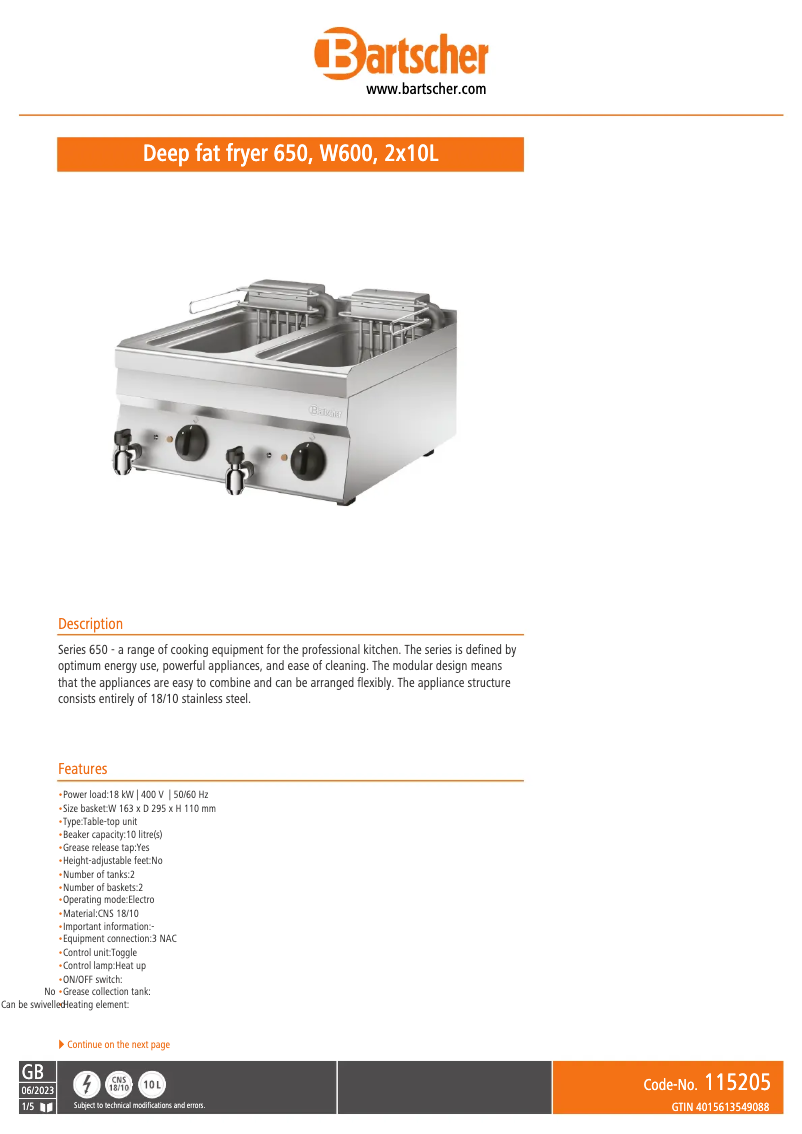 Page 1 de la notice Fiche technique Bartscher 115205
