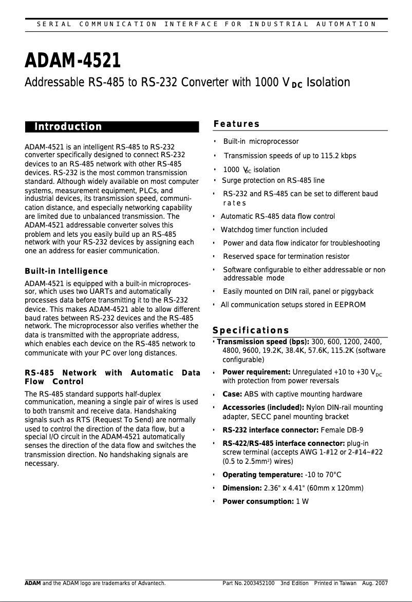 Page 1 de la notice Manuel utilisateur B&B Electronics ADAM-4521