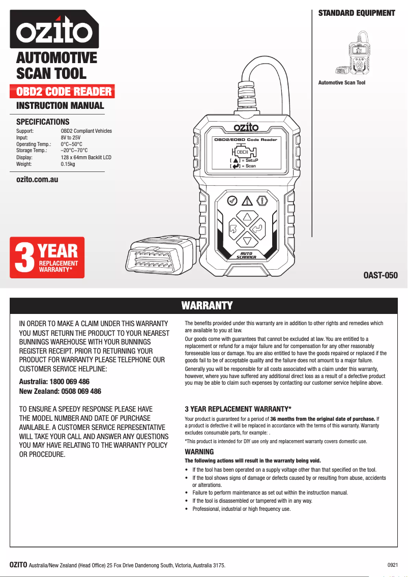 Page n°1 - Manuel utilisateur Ozito OAST-050