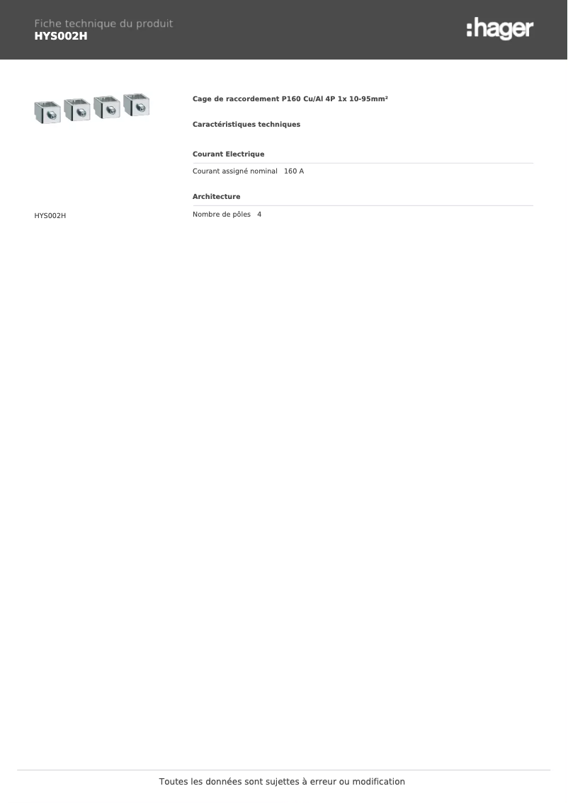 Page 1 de la notice Fiche technique Hager HYS002H