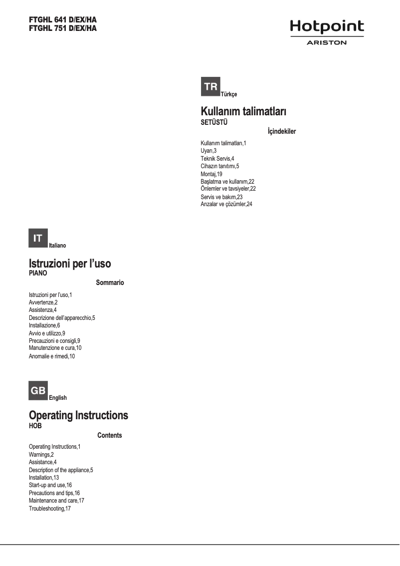 Page 1 de la notice Manuel utilisateur Hotpoint Ariston FTGHL 751 D/EX/HA
