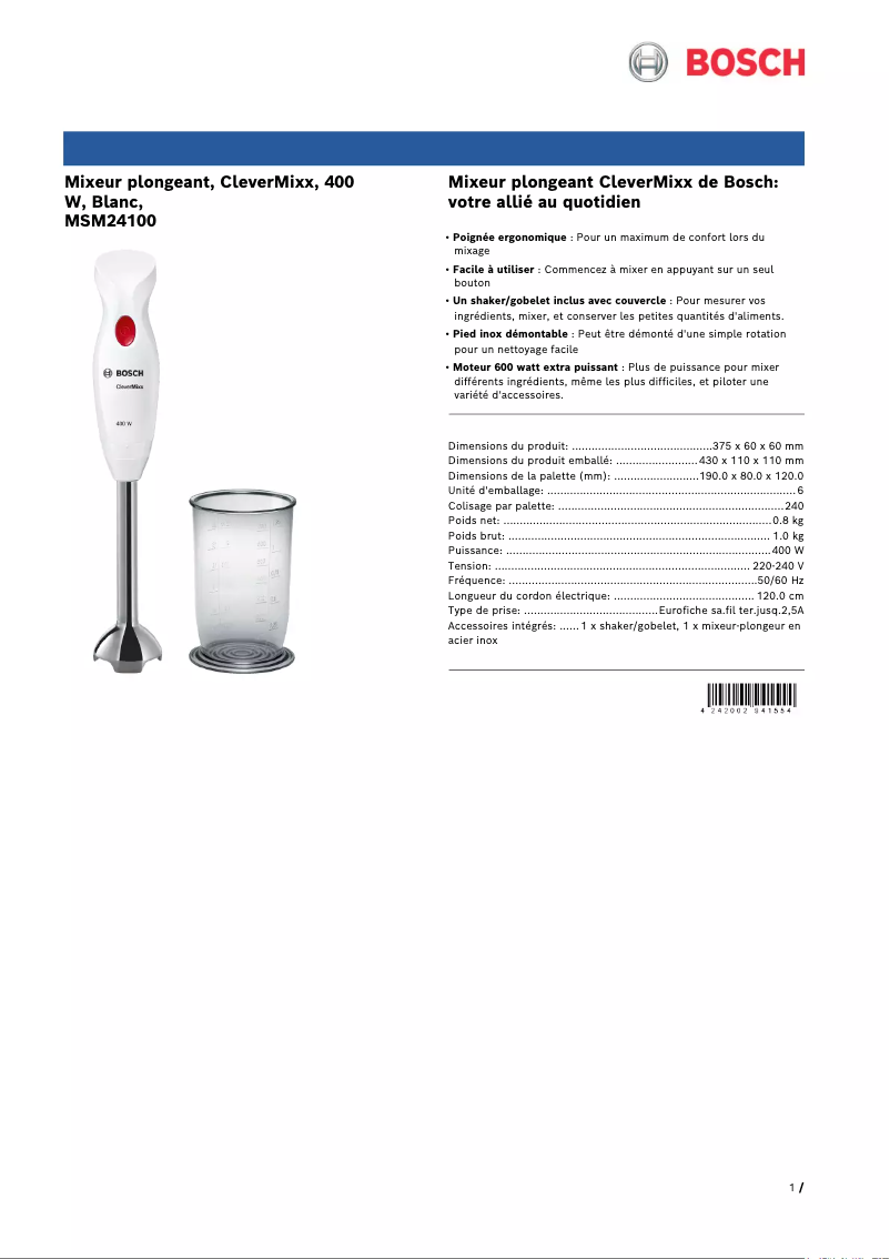 Page 1 de la notice Fiche technique Bosch MSM24100