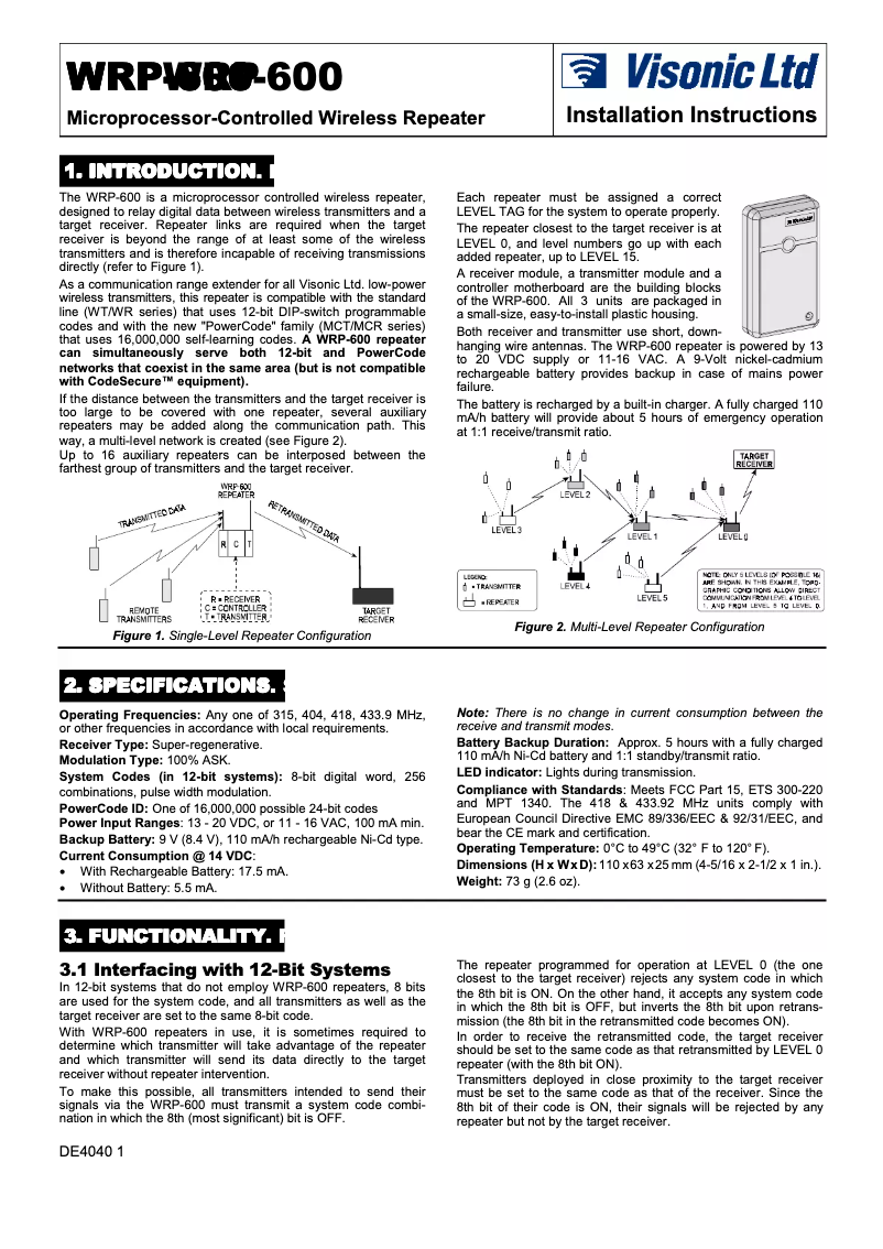 Page n°1 - Manuel utilisateur Visonic WRP-600