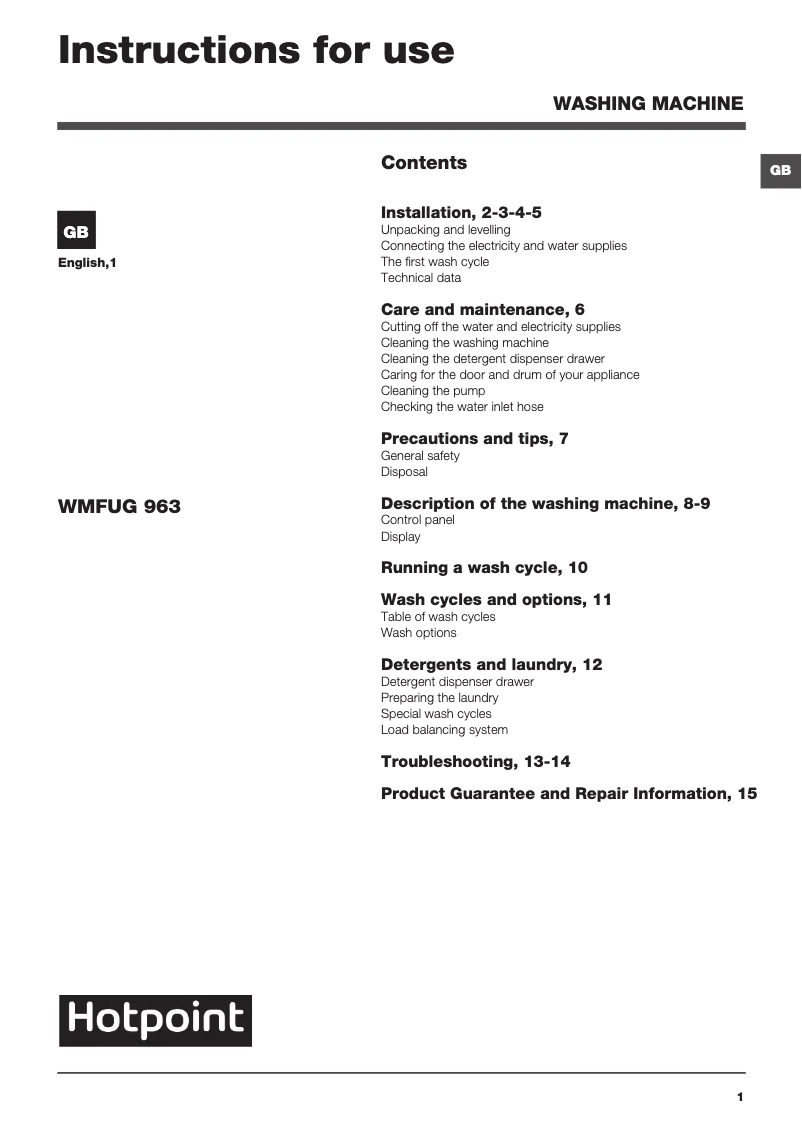 Page 1 de la notice Manuel utilisateur Hotpoint WMFUG 963P UK