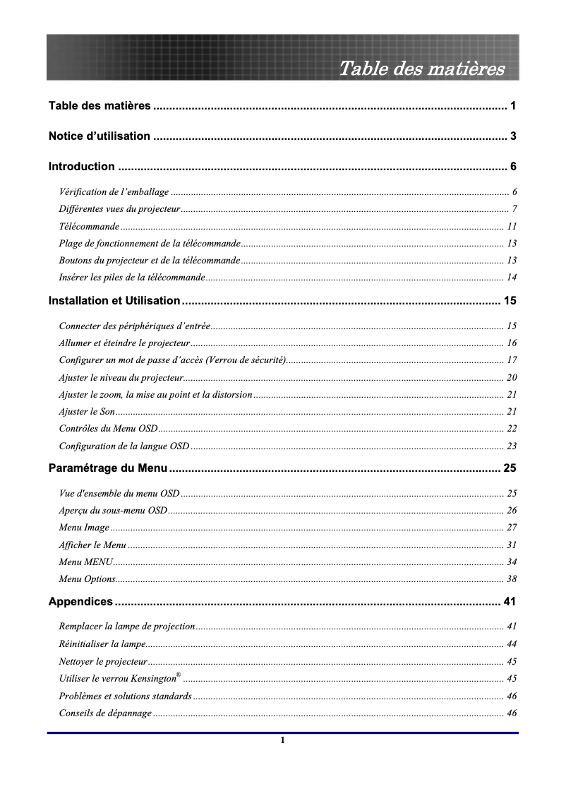 Page 1 de la notice Manuel utilisateur Optoma EP1691