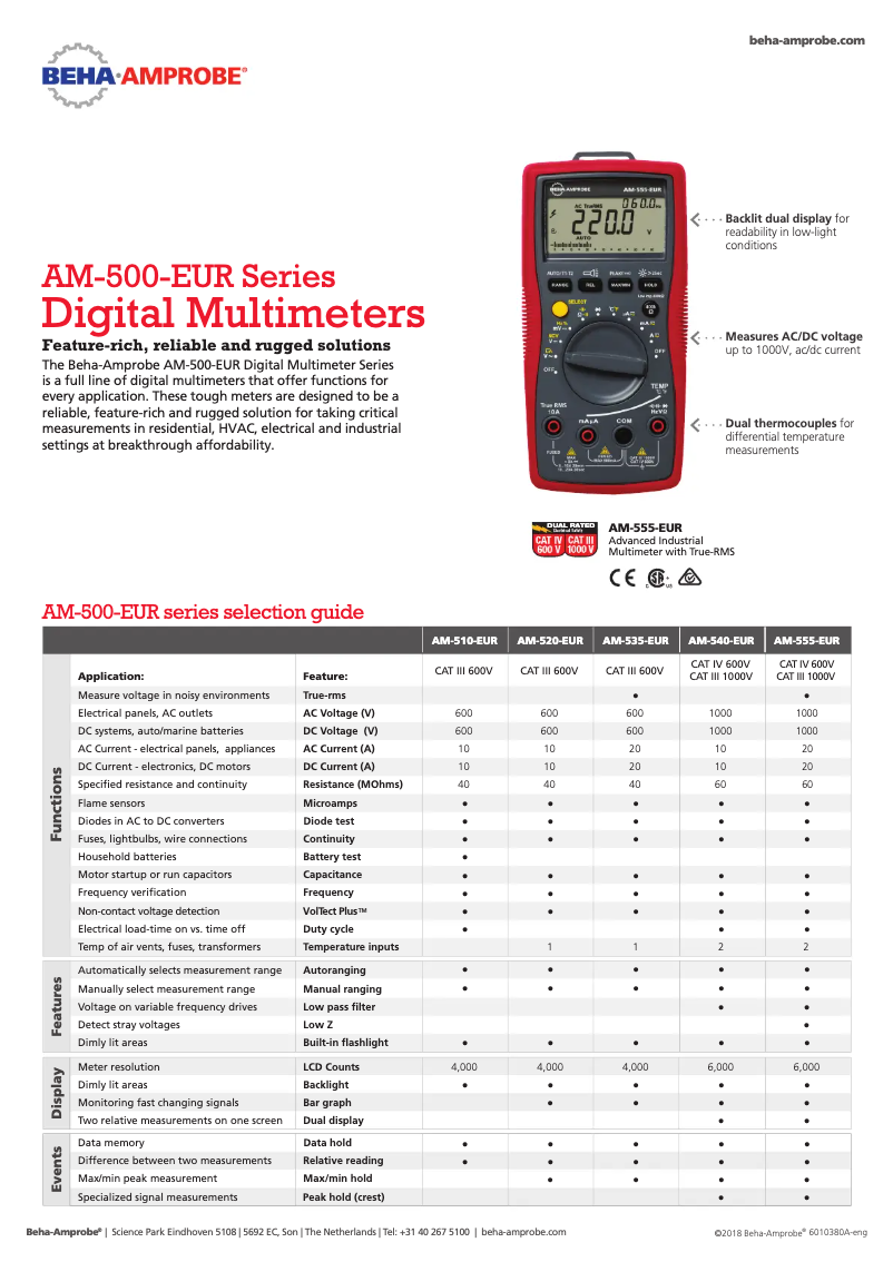 Page 1 de la notice Fiche technique Beha-Amprobe AM-550-EUR