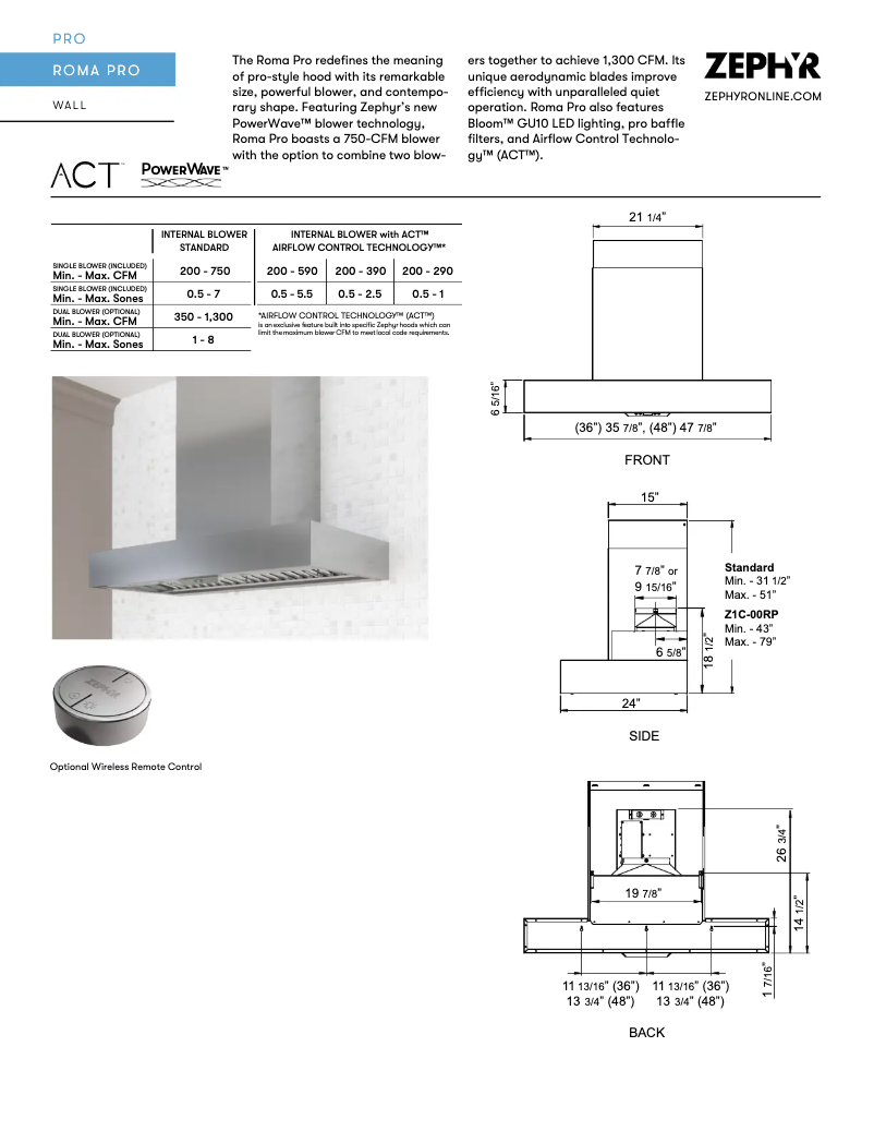 Page 1 de la notice Fiche technique Zephyr Roma Pro ZRP-E48AS
