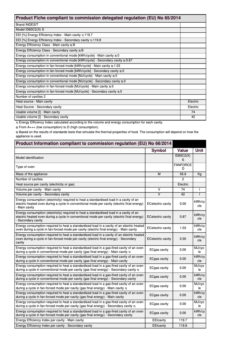 Page n°1 - Fiche technique Indesit ID60C2X S