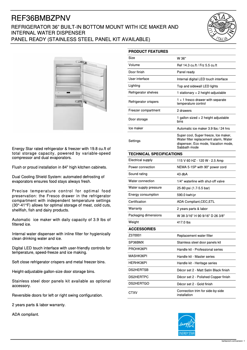 Page 1 de la notice Fiche technique Bertazzoni REF36BMBZPNV