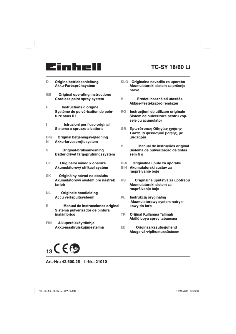 Page 1 de la notice Manuel utilisateur Einhell TC-SY 18/60 Li