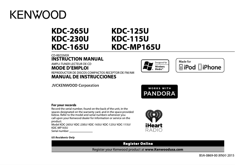 Page n°1 - Manuel utilisateur Kenwood KDC-165U