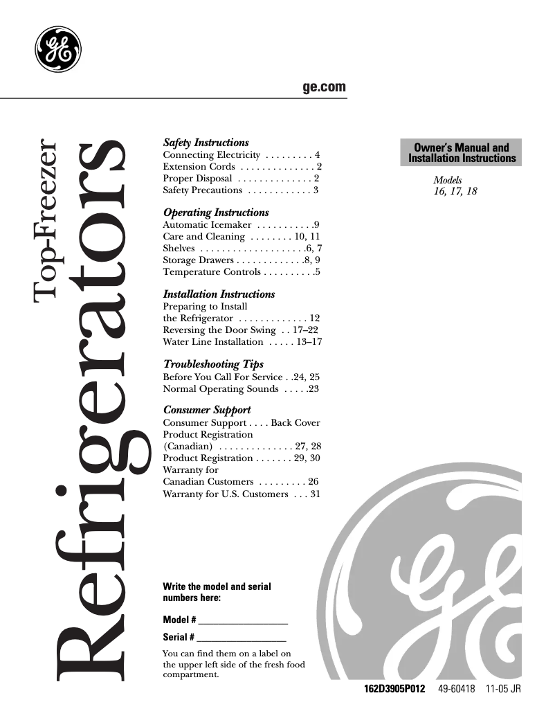 Page 1 de la notice Manuel d'utilisation et d'entretien GE GTR18BBRWW