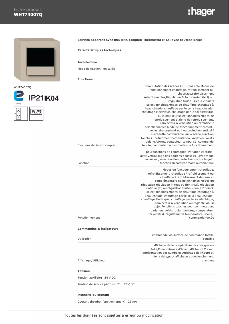 Page 1 de la notice Fiche technique Hager WHT74007Q