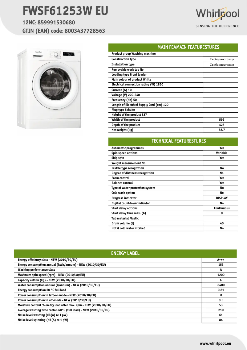 Imagen de la primera página del manual del dispositivo FWSF61253W