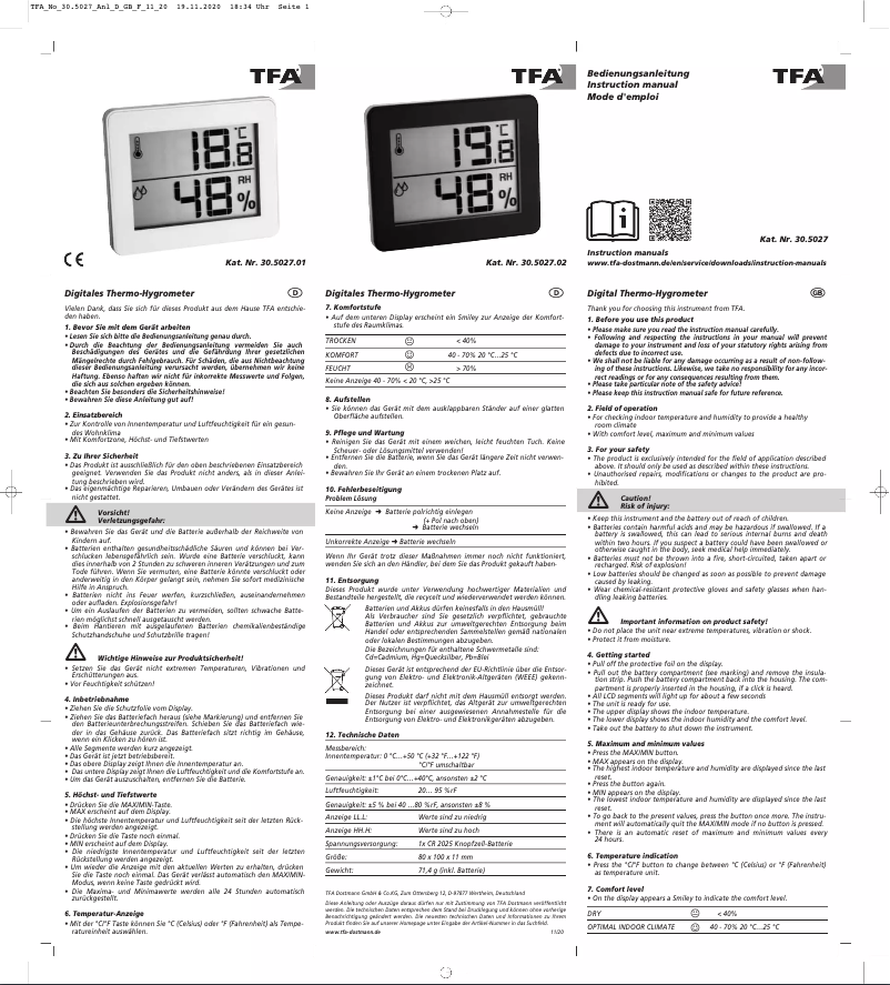 Page 1 de la notice Manuel utilisateur TFA 30.5027