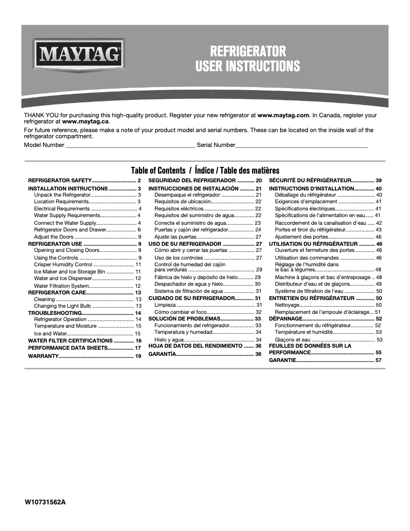 Page n°1 - Manuel d'utilisation et d'entretien Maytag MFI2269FR