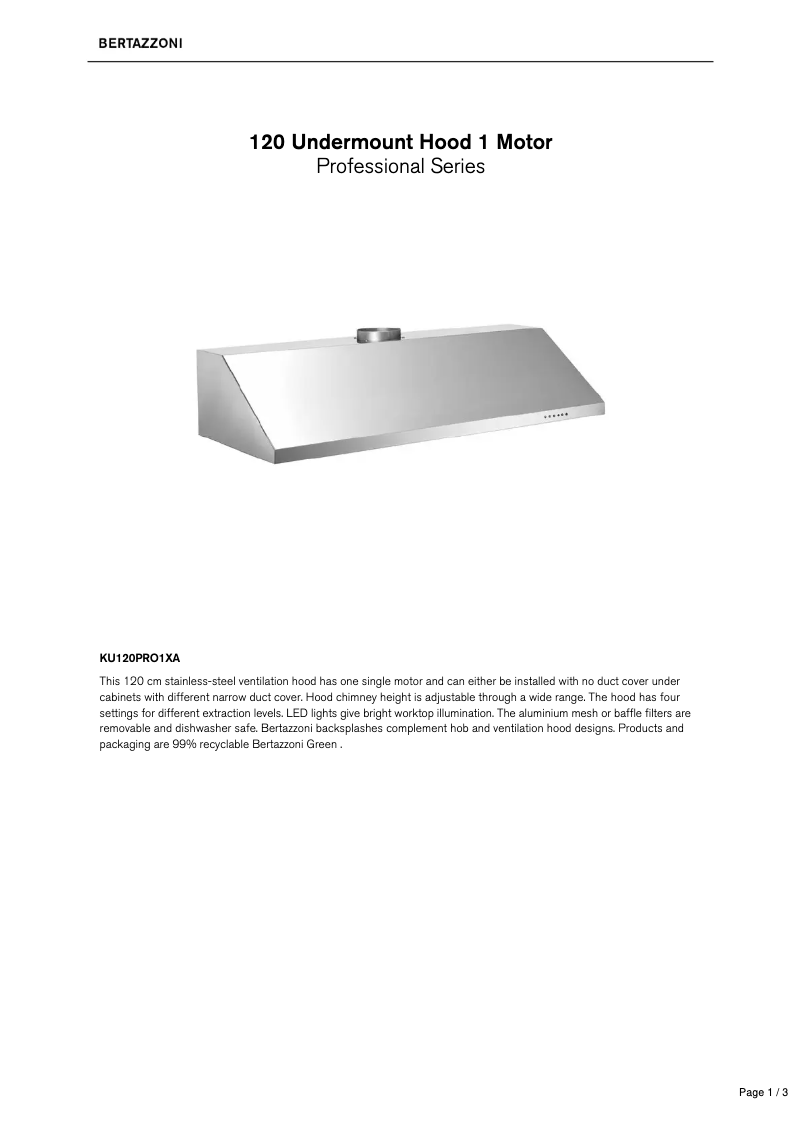 Page 1 de la notice Fiche technique Bertazzoni KU120PRO1XA