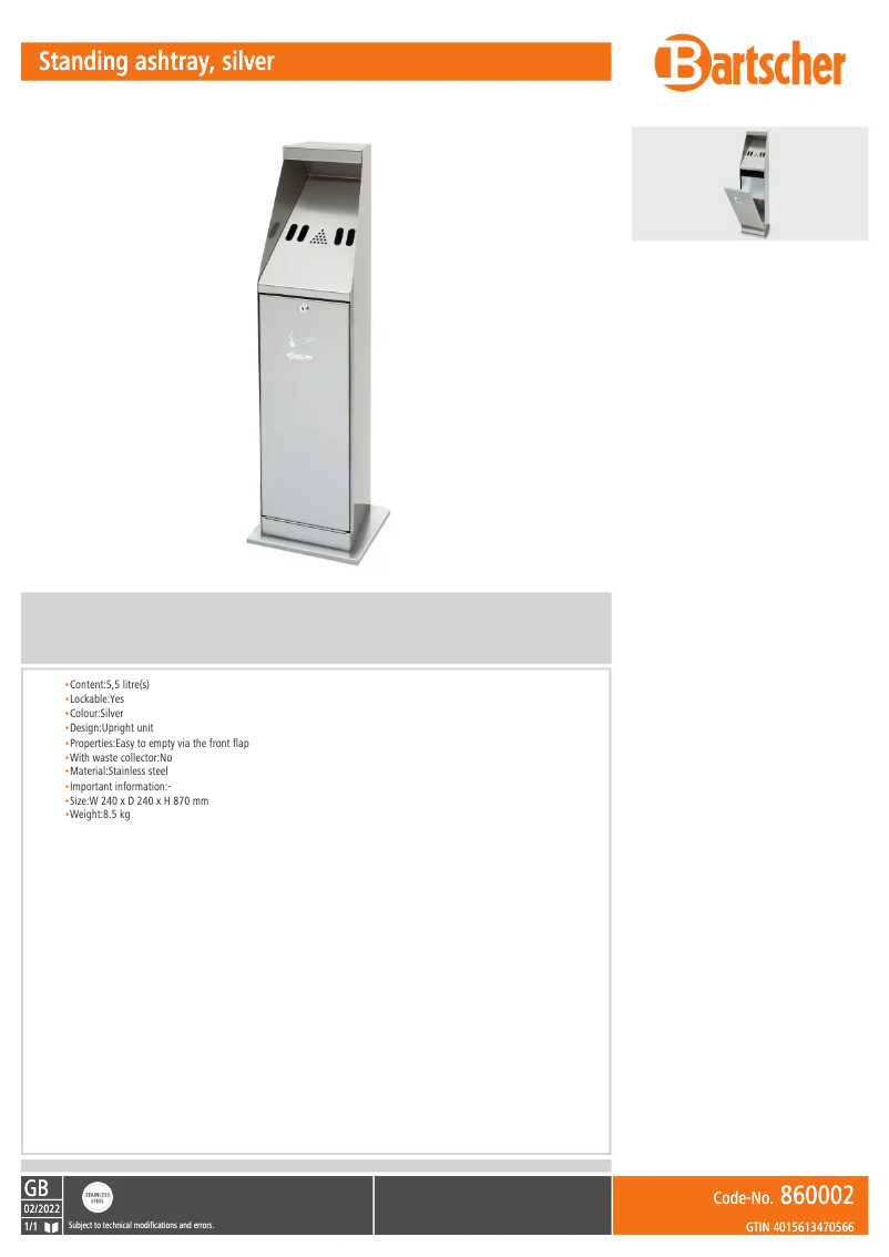 Page n°1 - Fiche technique Bartscher 860002
