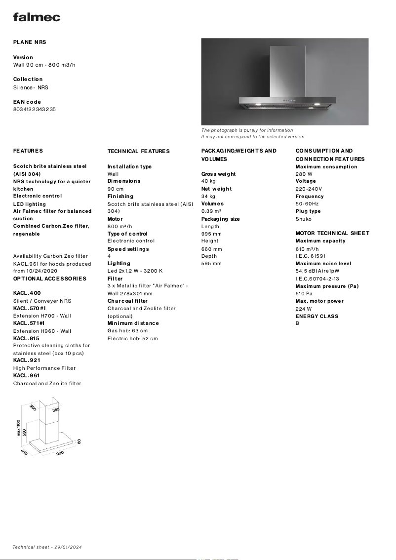 Page n°1 - Fiche technique Falmec Plane NRS