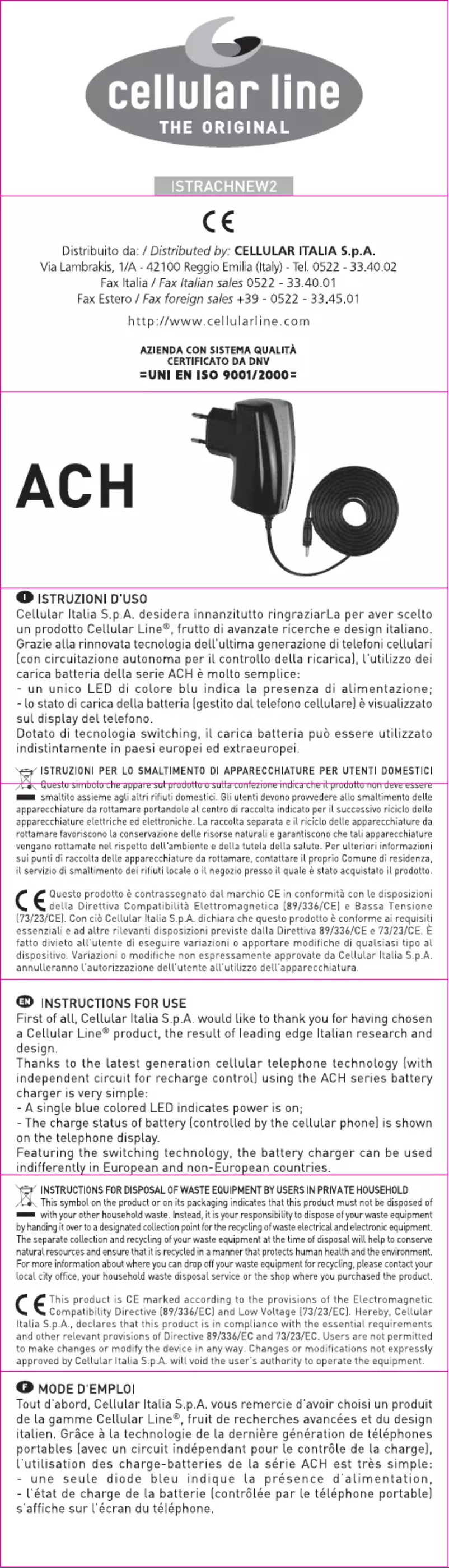 Page 1 de la notice Manuel utilisateur Cellular Line ACHT191CL