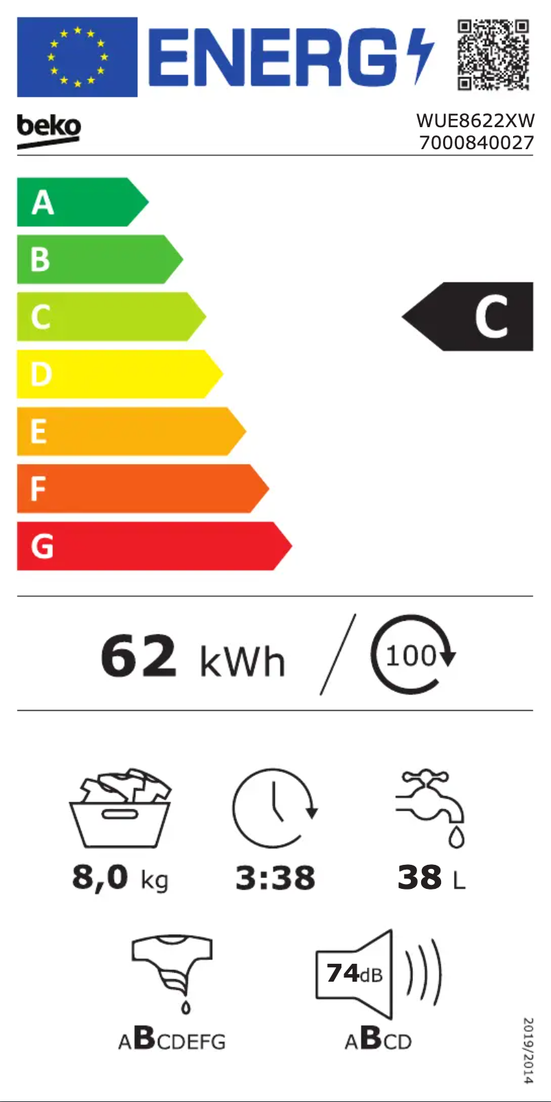 Page 1 de la notice Label énergétique Beko WUE 8622 XW