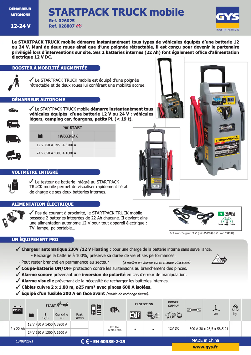 Page 1 de la notice Fiche technique GYS Startpack Truck Mobile