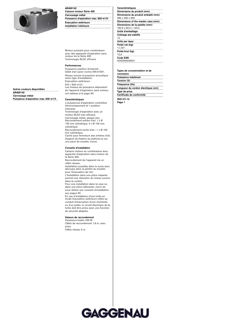 Page 1 de la notice Fiche technique Gaggenau AR400142
