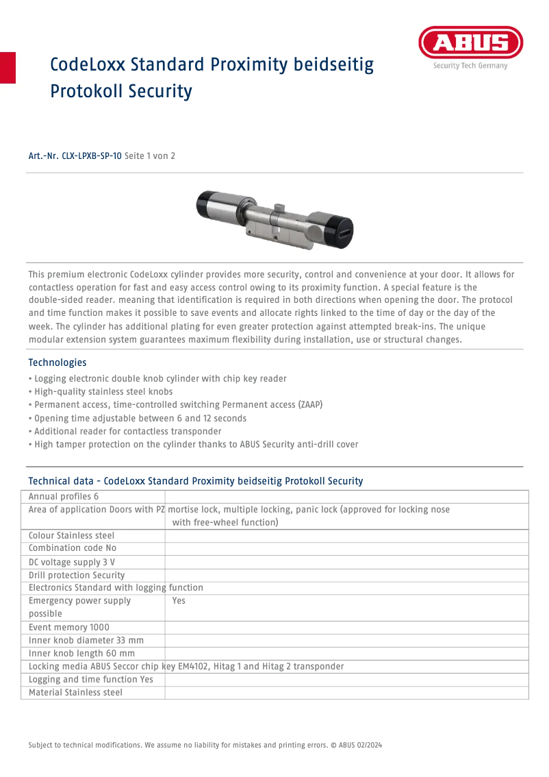 Page n°1 - Fiche technique Abus CLX-LPXB-SP-10