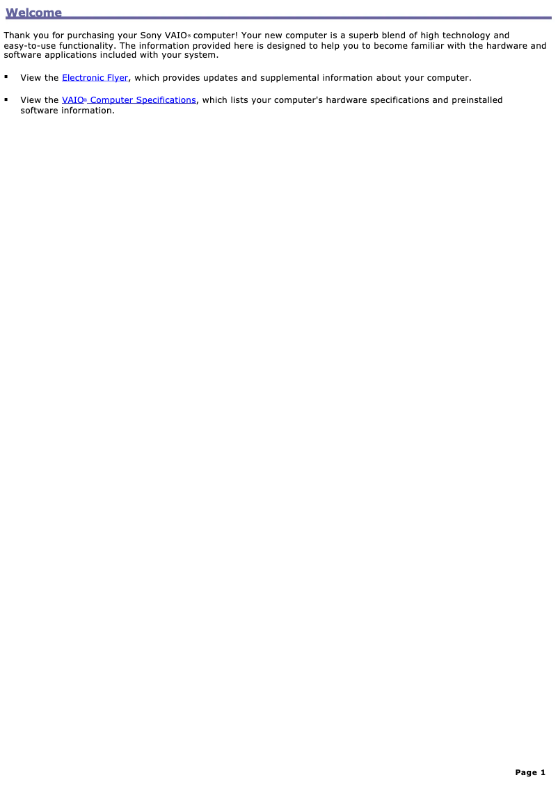 Image de la première page du manuel de l'appareil Vaio PCV-RS312