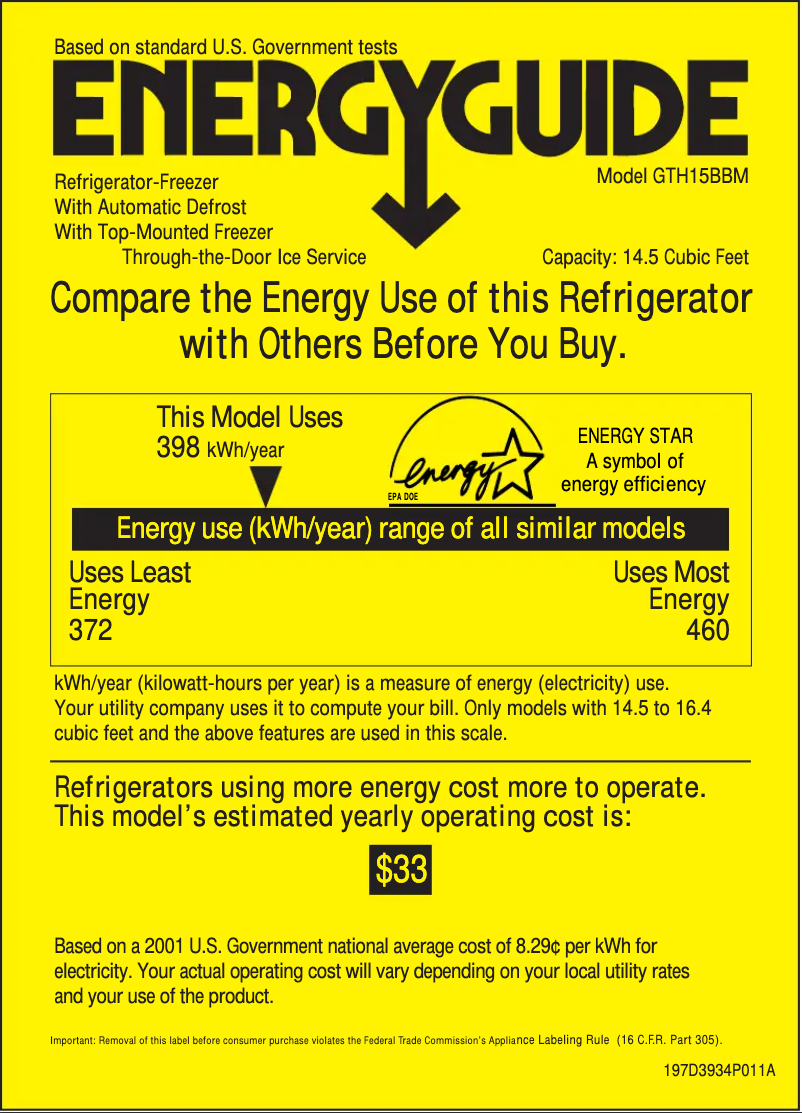 Page 1 de la notice Label énergétique GE GTH15BBMLCC