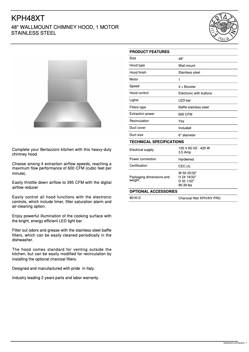 Page 1 de la notice Fiche technique Bertazzoni KPH48XT