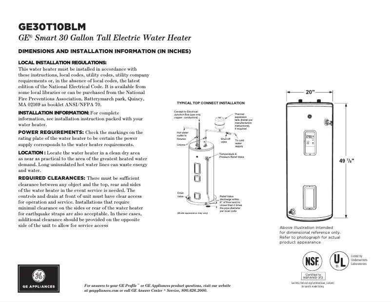 Page 1 of the manual Technical Sheet GE GE30T10BLM
