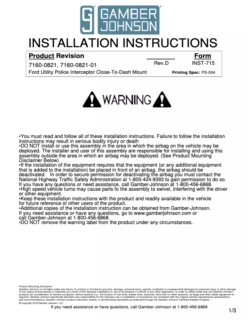 Image de la première page du manuel de l'appareil 7160-0821-01