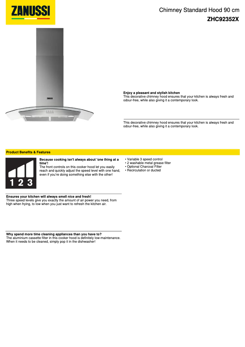 Page 1 de la notice Fiche technique Zanussi ZHC92352X