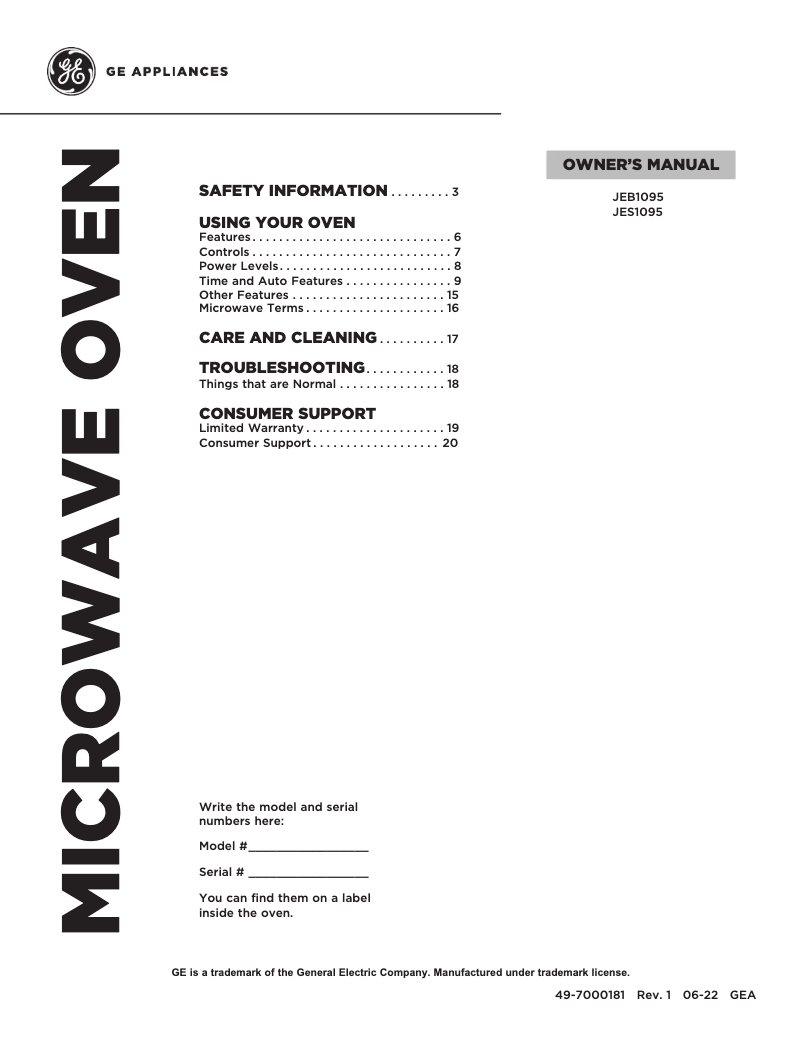 Page 1 de la notice Manuel d'utilisation et d'entretien GE JEB1095STSS