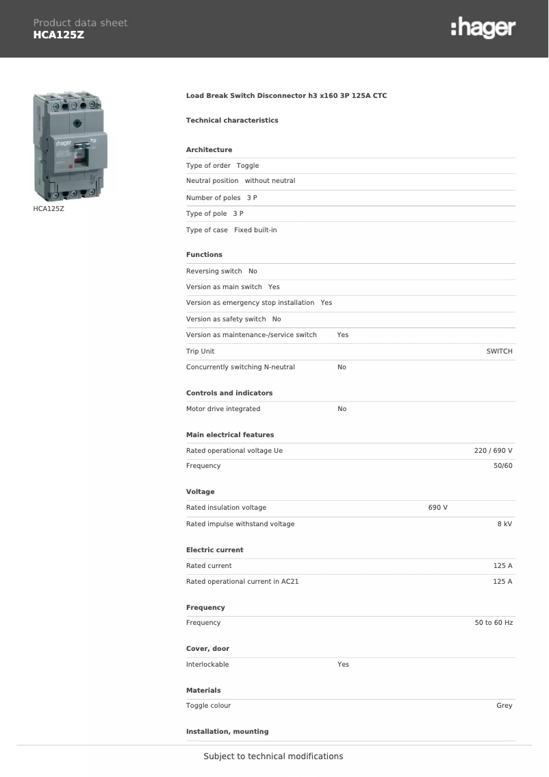Page n°1 - Fiche technique Hager HCA125Z