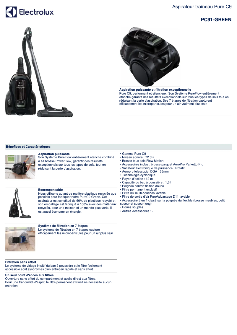 Page 1 de la notice Fiche technique Electrolux PC91-GREEN