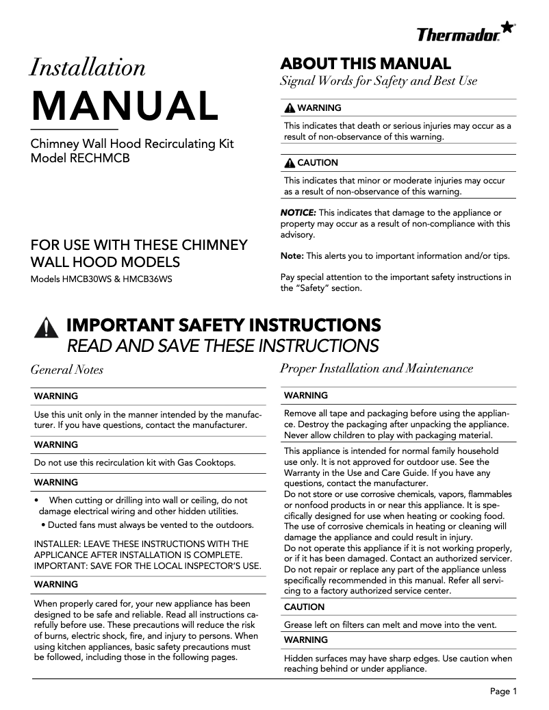 Page 1 de la notice Guide d'installation Thermador RECHMCB