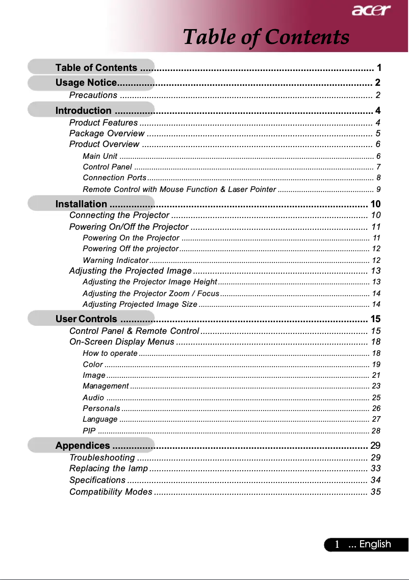 Página 1 del manual Manual de usuario Acer Professional PD725P