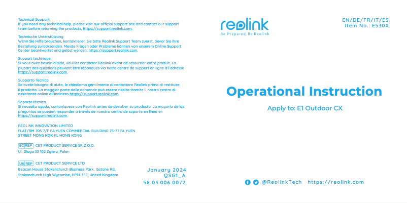 Page 1 de la notice Manuel utilisateur Reolink E1 Outdoor CX