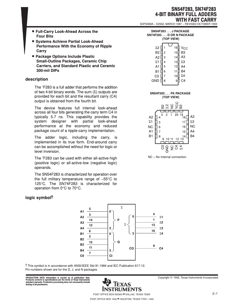 Page 1 de la notice Manuel utilisateur Texas Instruments SN74F283N