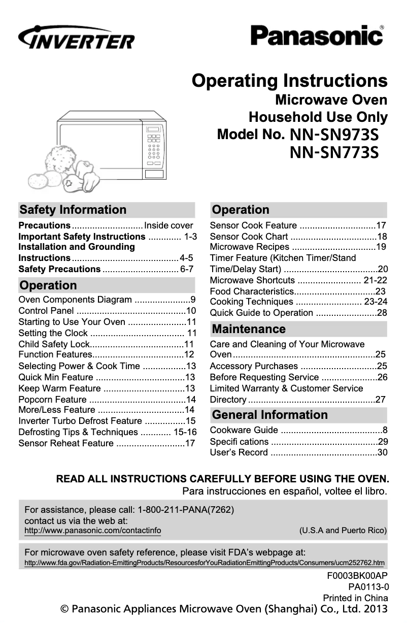 Page n°1 - Manuel utilisateur Panasonic Inverter NN-SN973S