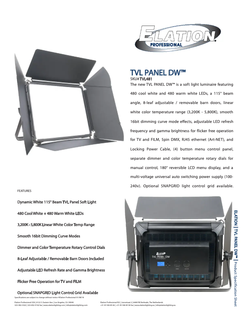 Page n°1 - Fiche technique Elation TVL Panel DW