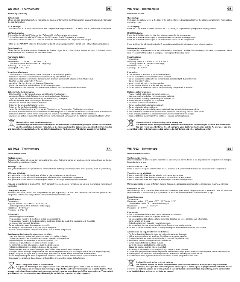 Page 1 de la notice Manuel utilisateur Techno Line WS 7002