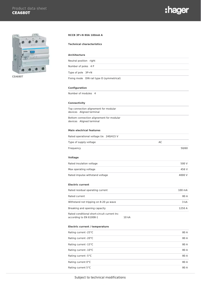 Page n°1 - Fiche technique Hager CEA680T