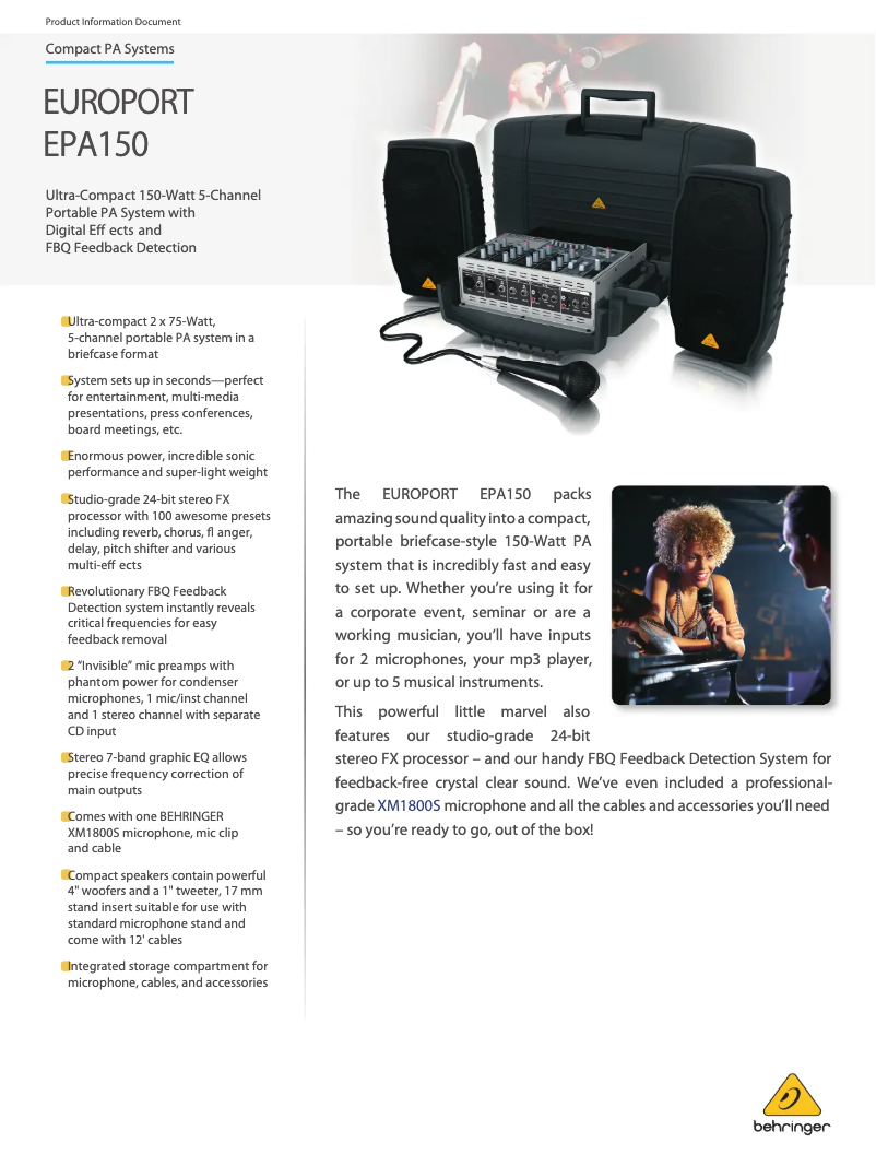 Page 1 de la notice Fiche technique Behringer Europort EPA150