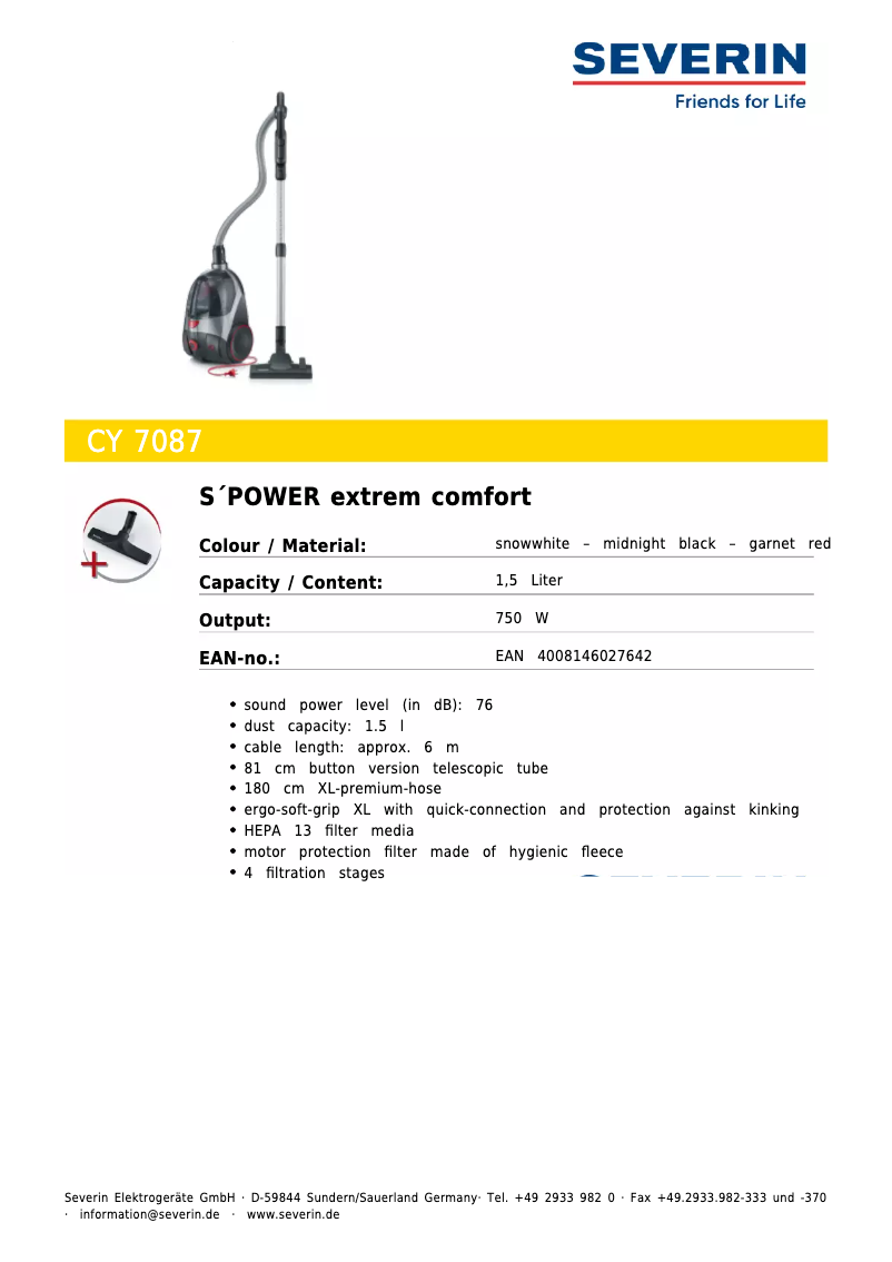 Page n°1 - Fiche technique Severin CY 7087