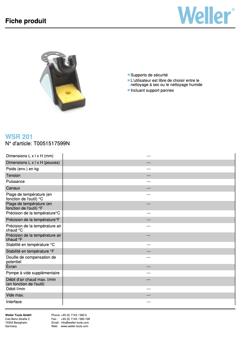Page 1 de la notice Fiche technique Weller WSR 201