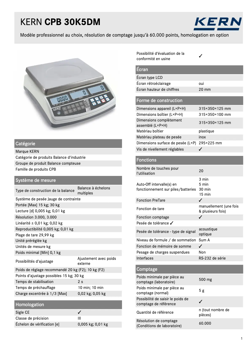 Page 1 de la notice Fiche technique Kern CPB 30K5DM
