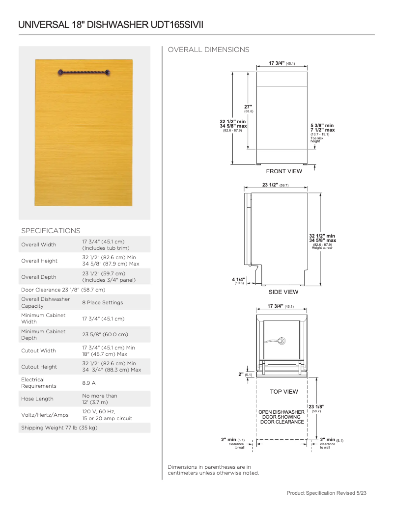 Page 1 de la notice Fiche technique GE UDT165SIVII